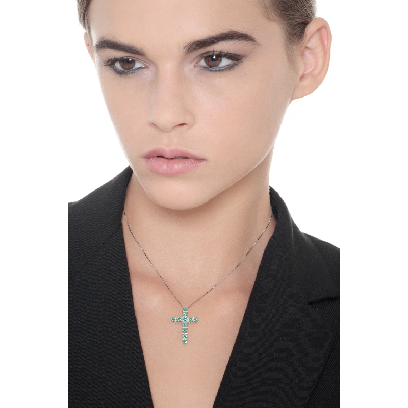 Emerald and diamond cross pendant in 18k white gold