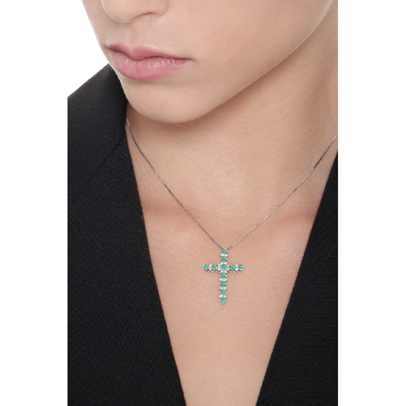 Emerald and diamond cross pendant in 18k white gold