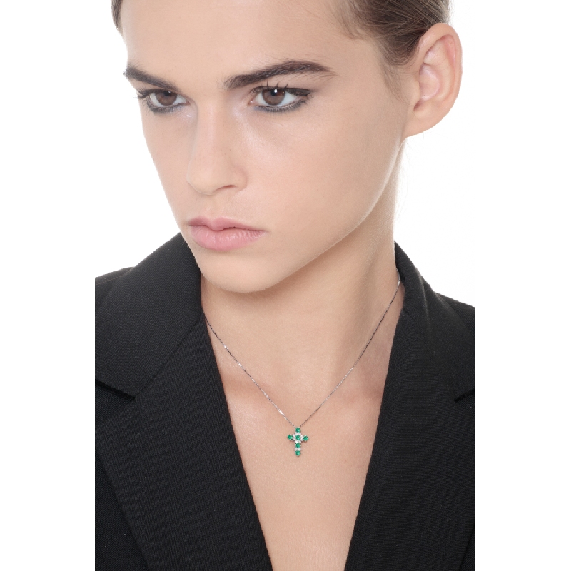 Cross pendant with emeralds and diamonds