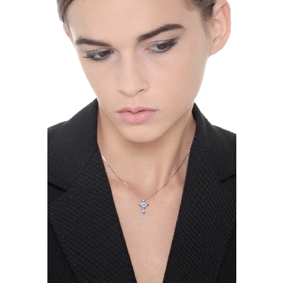 Cross pendant with blue sapphires and diamonds