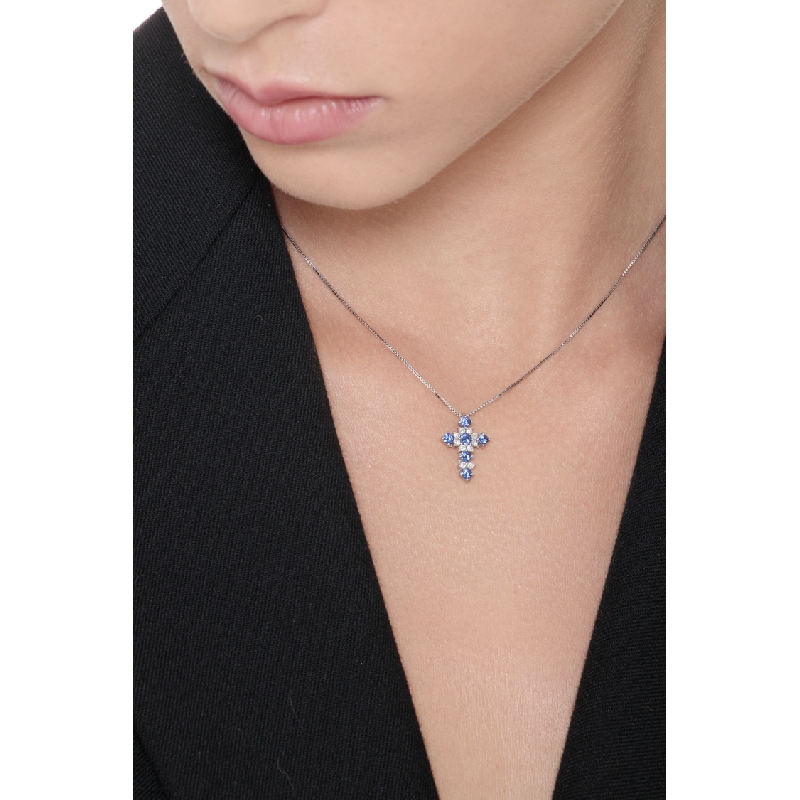 Cross pendant with blue sapphires and diamonds