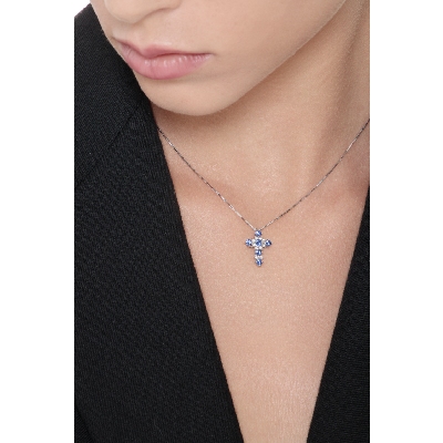 Cross pendant with blue sapphires and diamonds
