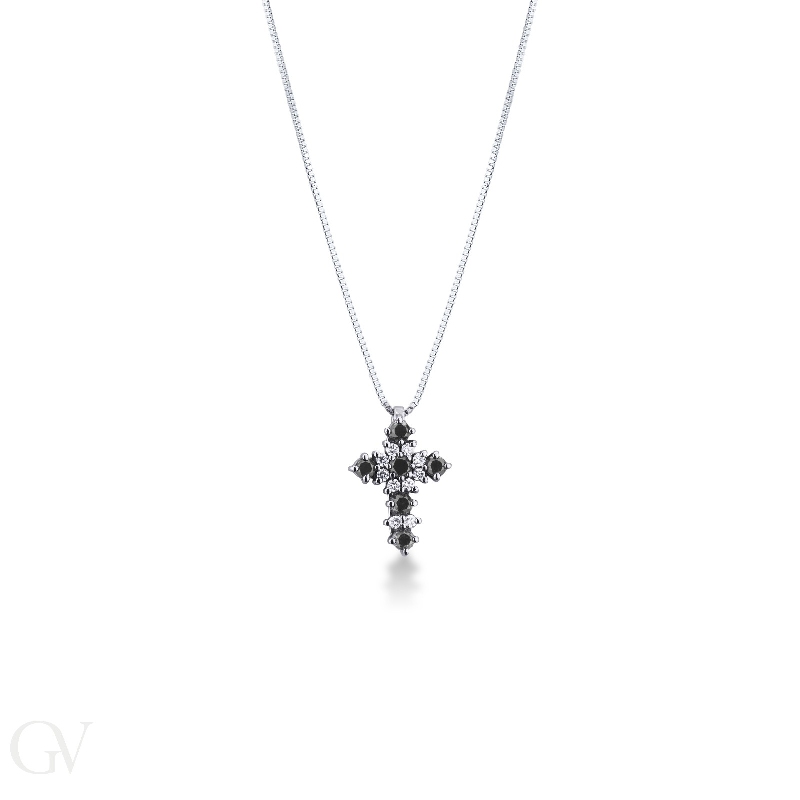 Cross pendant with black and white diamonds