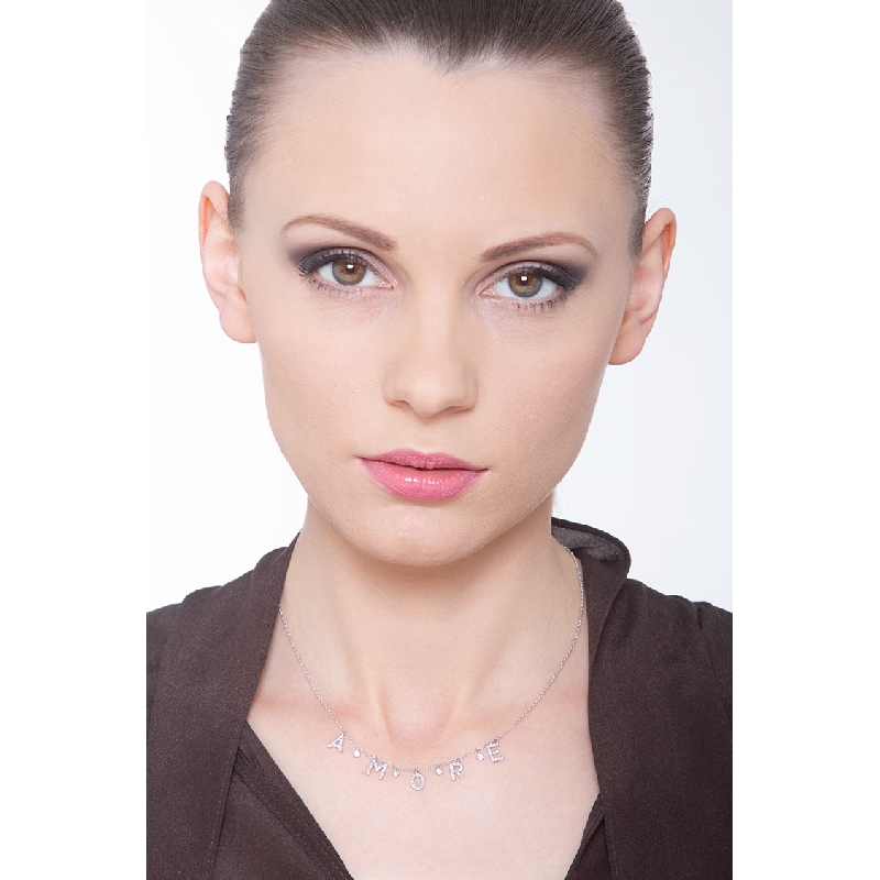 Collana con scritta personalizzabile in oro Bianco 18k e diamanti, AMORE