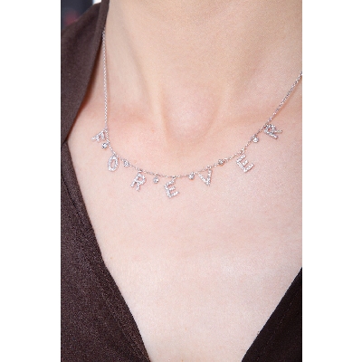 Necklace with FOREVER charms with round cut diamonds in white gold 