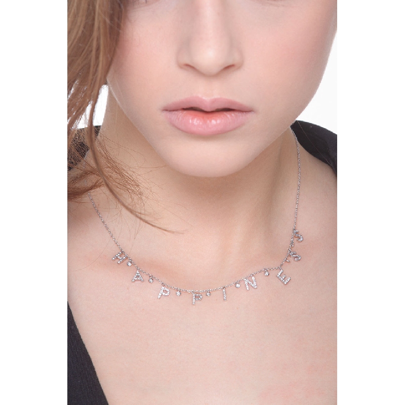 Necklace with HAPPINESS charms with round cut diamonds 