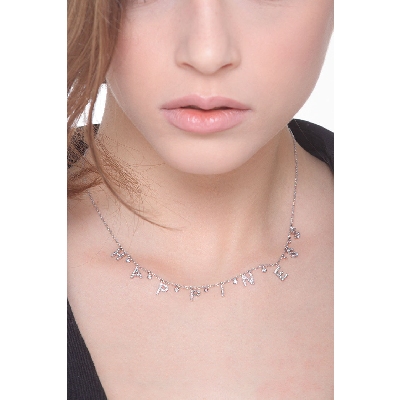 Necklace with HAPPINESS charms with round cut diamonds 