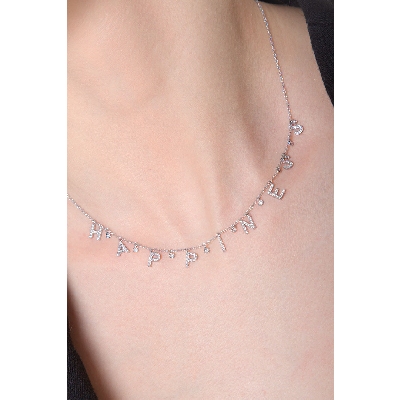 Necklace with HAPPINESS charms with round cut diamonds 