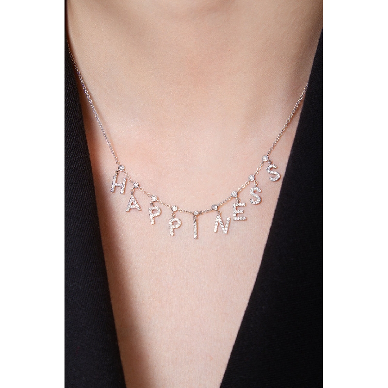 Necklace with HAPPINESS charms with diamonds