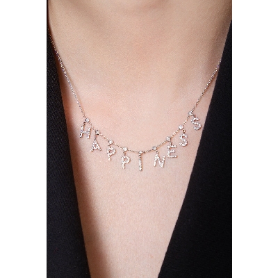 Necklace with HAPPINESS charms with diamonds