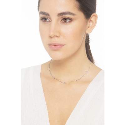 18k white gold necklace with pink sapphires in full bezel