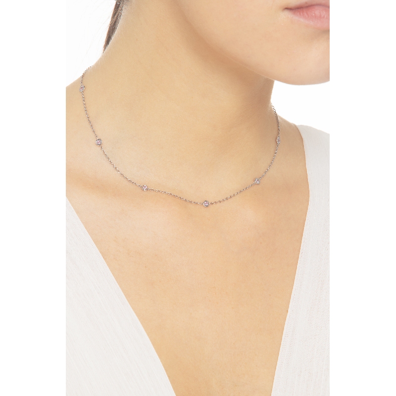 18k white gold necklace with pink sapphires in full bezel