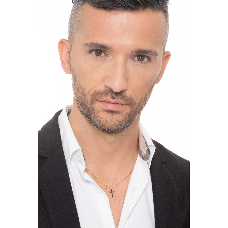 Collana in oro rosa 18k con pendente a Croce in diamanti neri e punto luce con diamante, 50 cm