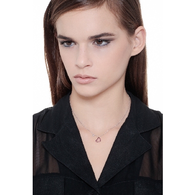 Necklace with burnished heart pendant with rubies and a solitaire diamond