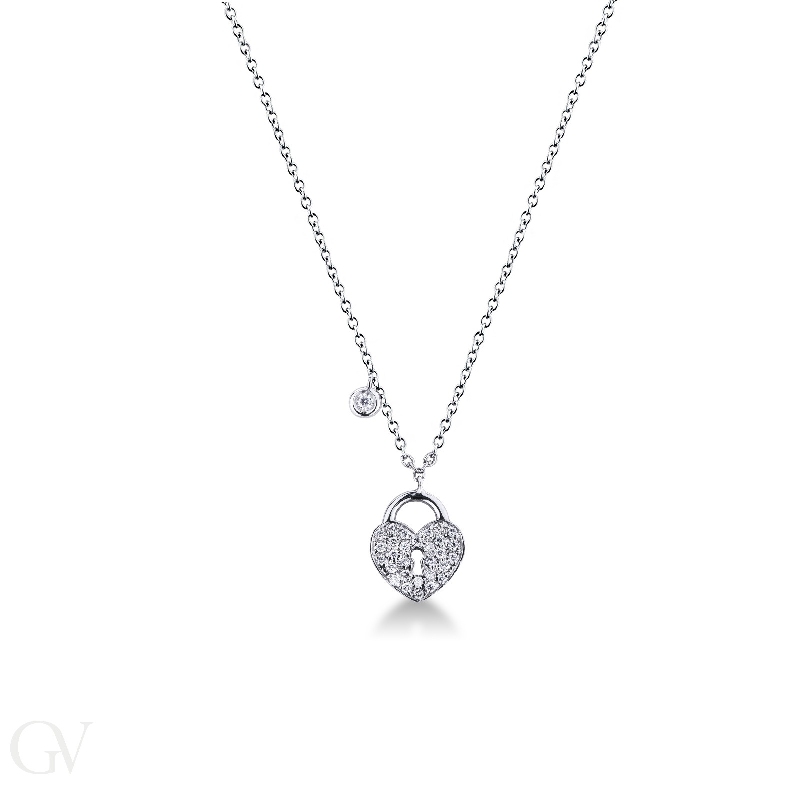 Heart Lock pendant in 18k white gold with diamonds