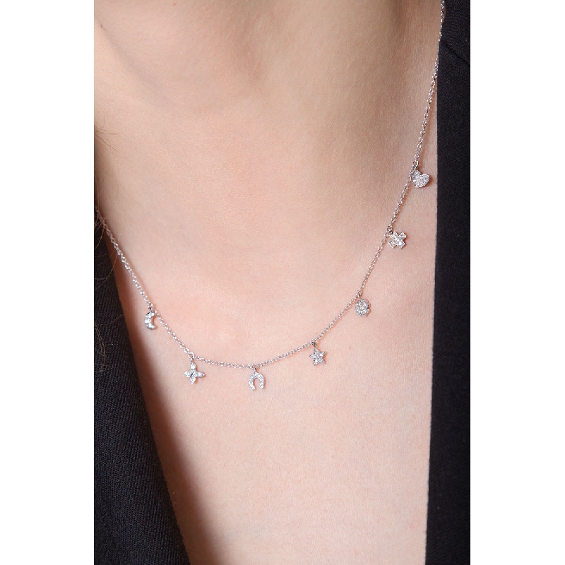 Necklace with 7 charms in 18k white gold and diamonds
