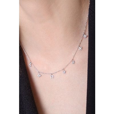 Necklace with 7 charms in 18k white gold and diamonds
