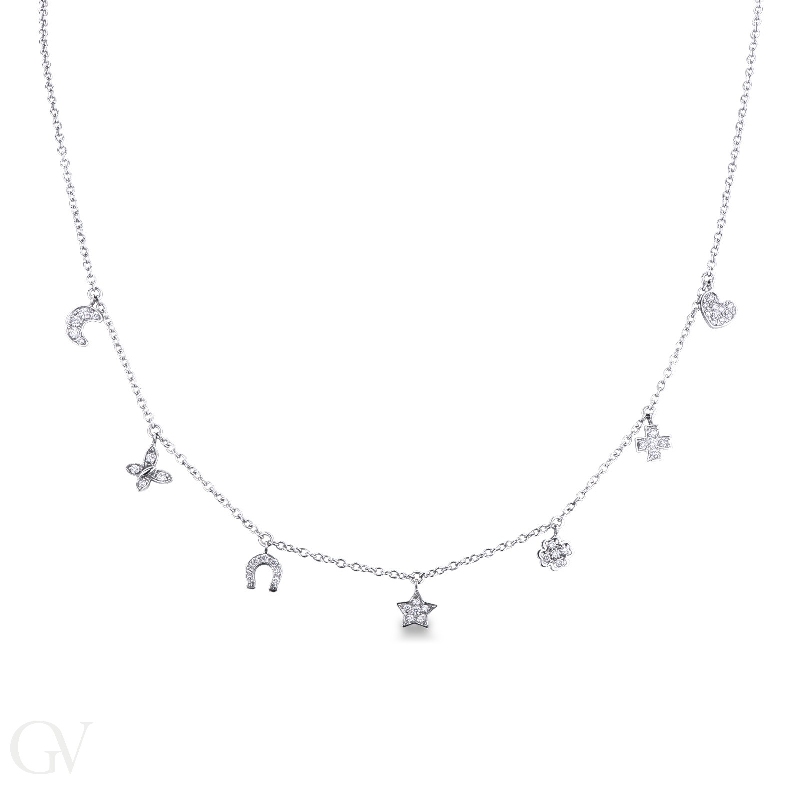 Necklace with 7 charms in 18k white gold and diamonds