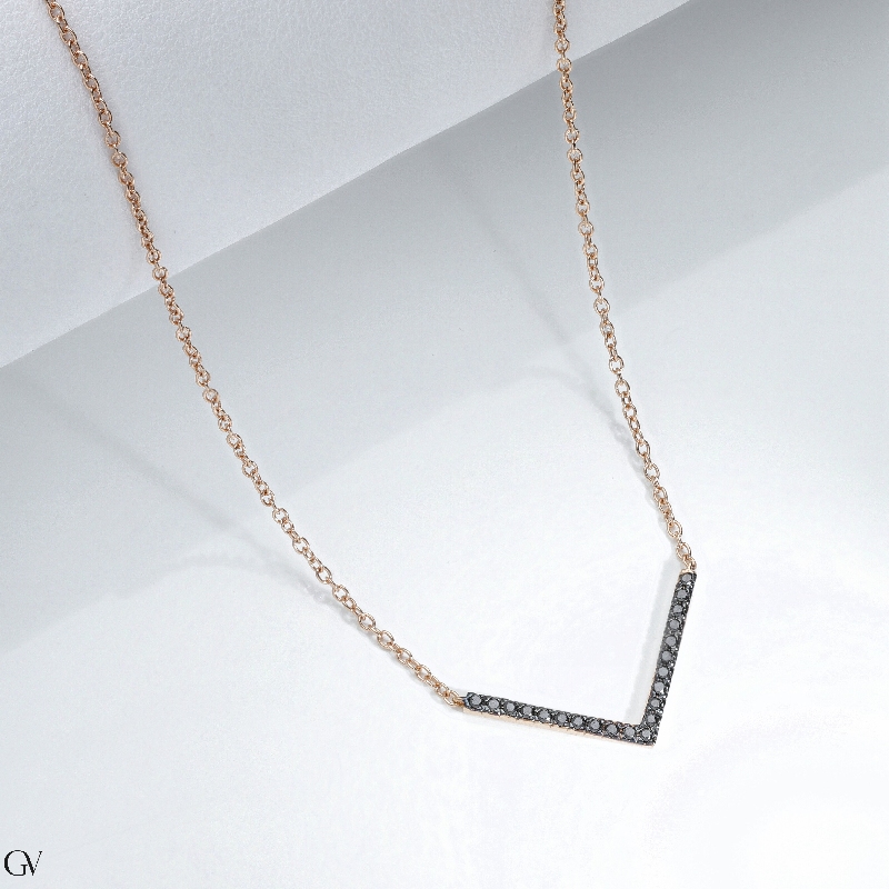 18k rose gold necklace with V shape pendant with black diamonds pavè