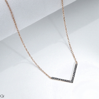 18k rose gold necklace with V shape pendant with black diamonds pavè