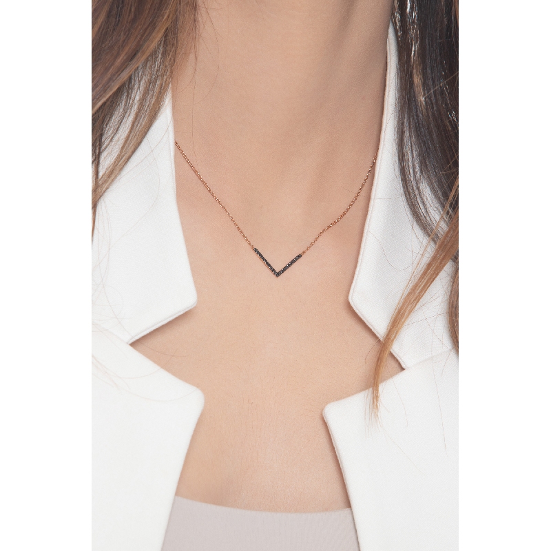 18k rose gold necklace with V shape pendant with black diamonds pavè