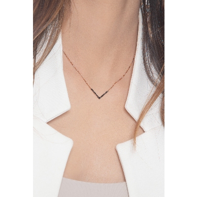 18k rose gold necklace with V shape pendant with black diamonds pavè