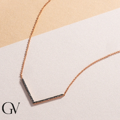 18k rose gold necklace with V shape pendant with black round cut diamonds