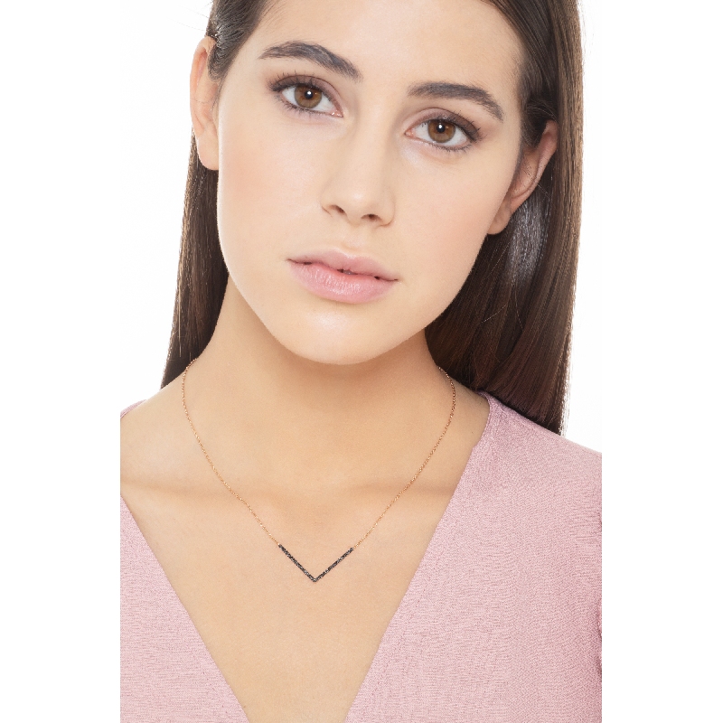 18k rose gold necklace with V shape pendant with black round cut diamonds