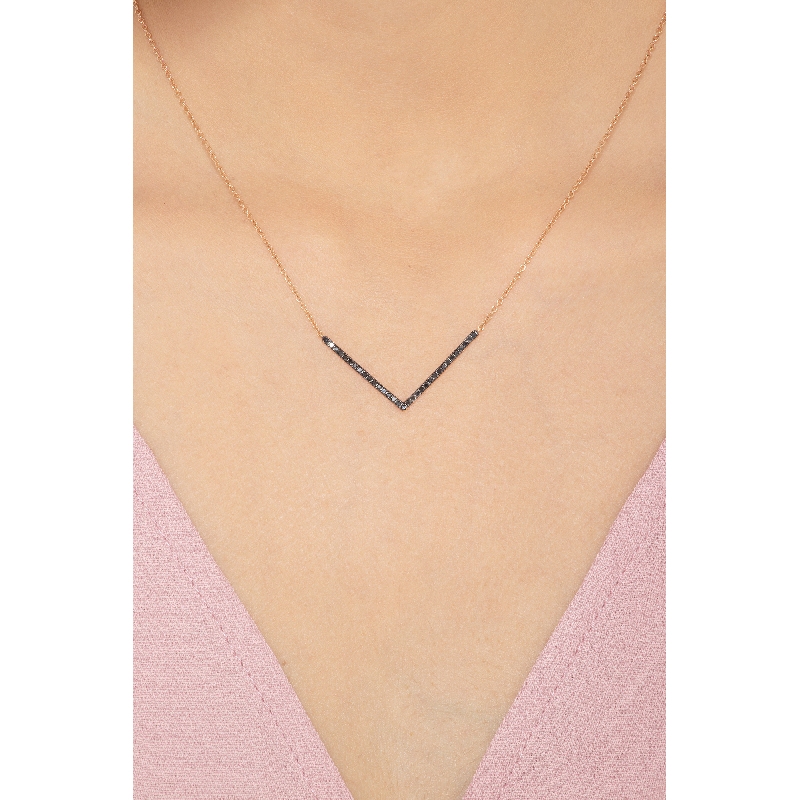 18k rose gold necklace with V shape pendant with black round cut diamonds