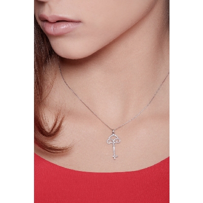 Key pendant with round cut diamonds in 18k white gold
