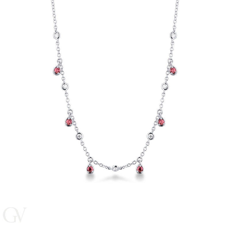 Necklace with diamonds and pear cut ruby charms