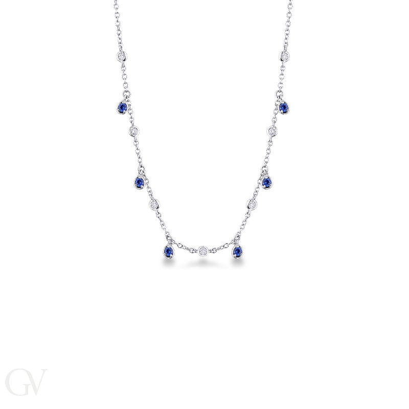 Necklace with diamonds and drop shaped sapphire charms