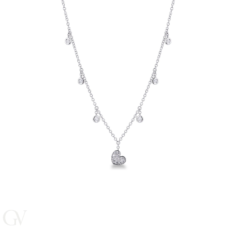 Necklace with 6 round cut diamonds and a heart pendant with diamonds