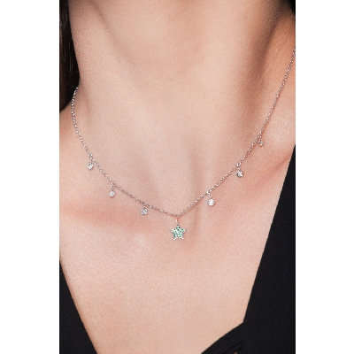 Necklace with 6 round cut diamonds and a star pendant with emeralds