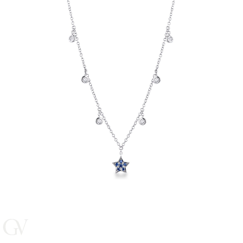 White gold 18k necklace with 6 round cut diamonds and a star shaped pendant with sapphires