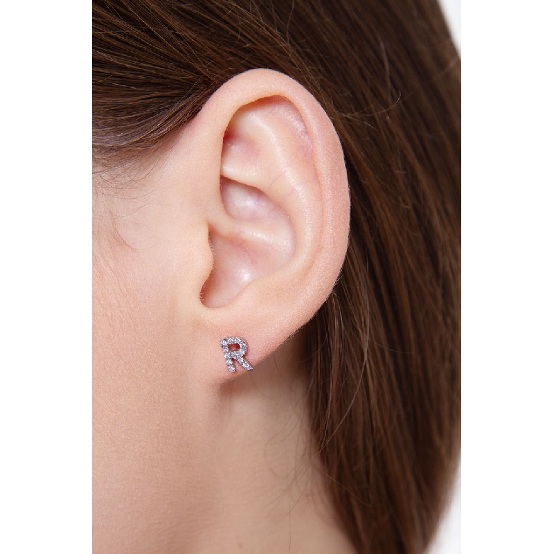 Letter R single earring with diamonds
