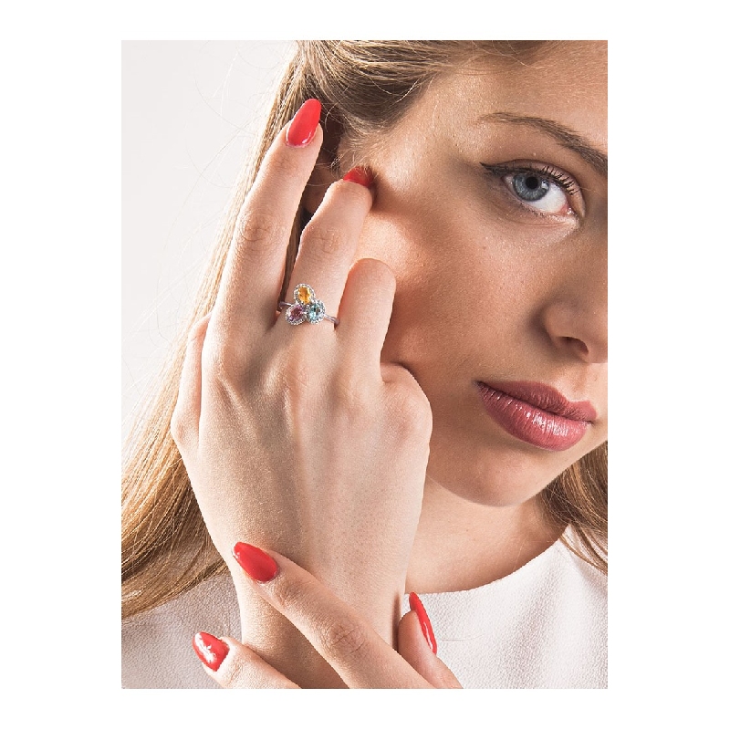 Anello con Acquamarina, Ametista e Citrino Rainbow