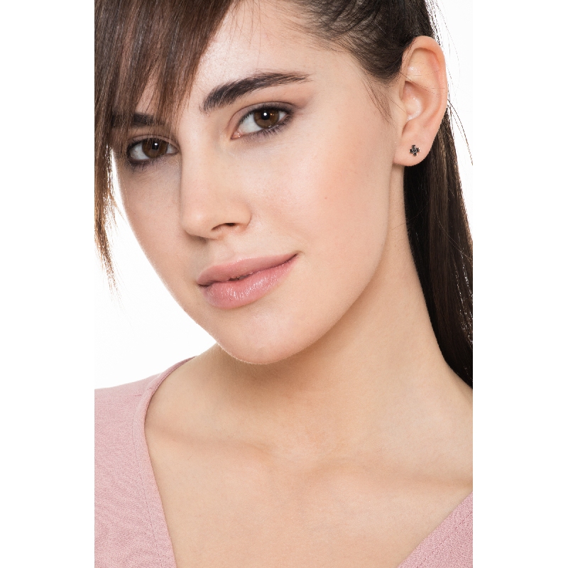 18k rose gold stud earrings with small black diamonds cross