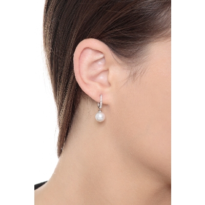 Orecchini e Pendente in Oro bianco 18k con Perle di circa 8,5 mm e diamanti