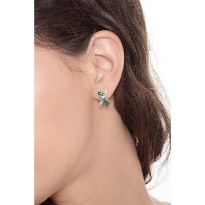 Criss cross hoops in 18k white gold with diamonds and emeralds