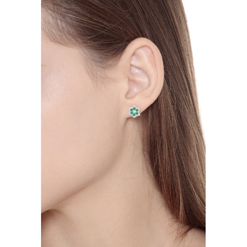 18k white gold flower earrings with emeralds and diamonds