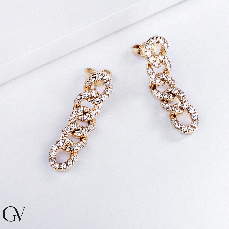 Yellow gold 18k drop earrings groumette link with diamonds 