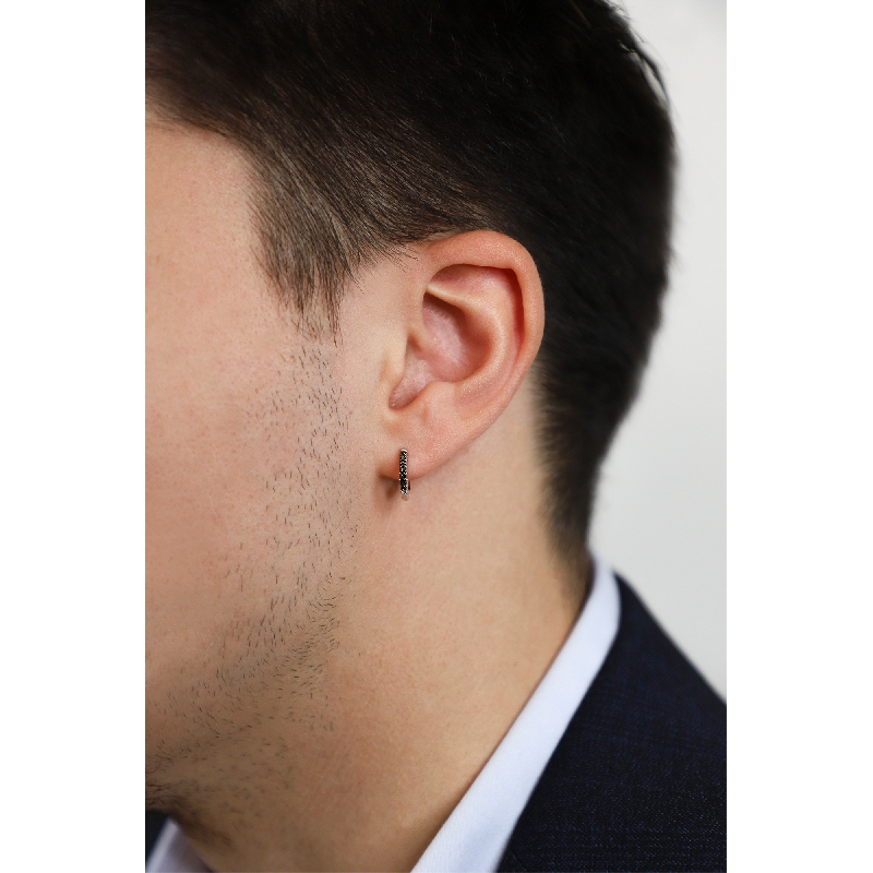 Mono orecchino a cerchio in oro bianco 18k con diamanti neri, 10 mm, Uomo