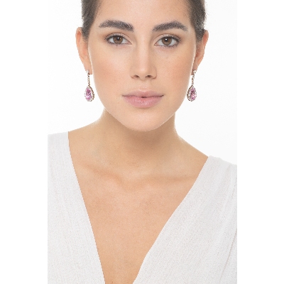White gold 18k drop earrings with pink sapphires pear cut and diamonds 