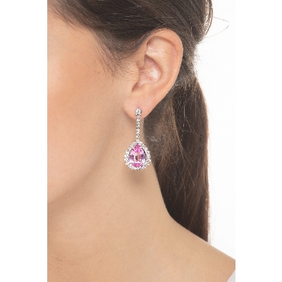 White gold 18k drop earrings with pink sapphires pear cut and diamonds 