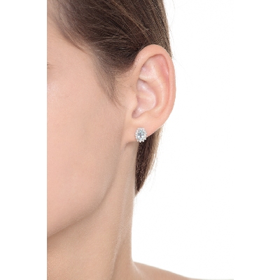 White gold 18k halo stud earrings with aquamarine oval cut and diamonds