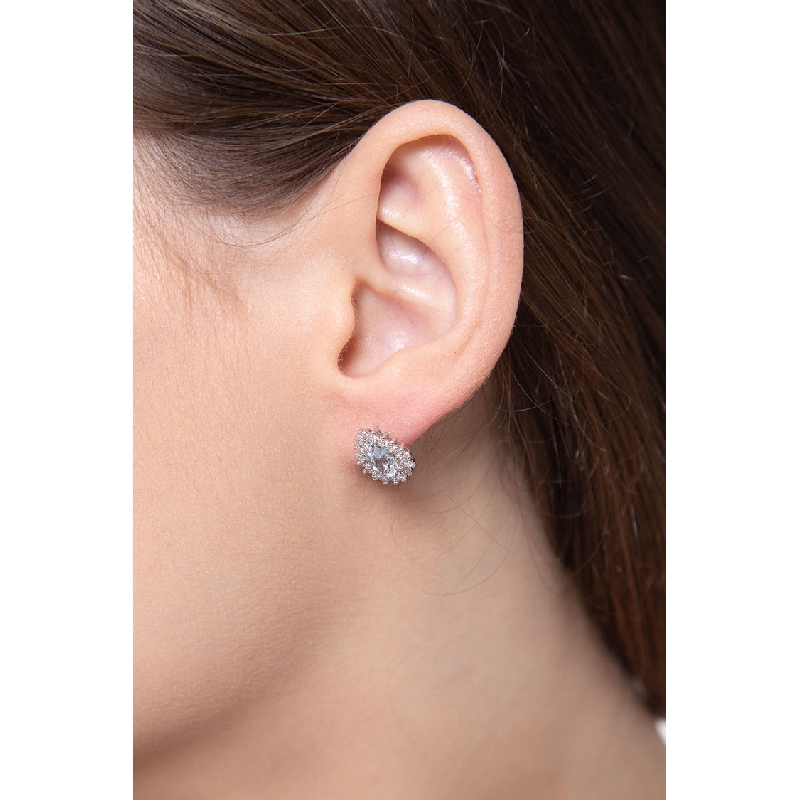 White gold 18k halo stud earrings with aquamarine pear cut and diamonds 