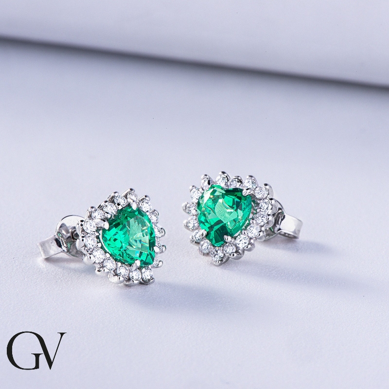 White gold 18k halo stud earrings with emeralds heart cut and diamonds 