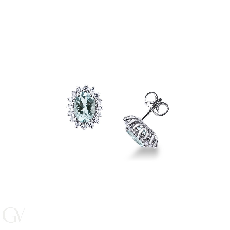 Halo stud earrings with aquamarine and diamonds in white gold 18k