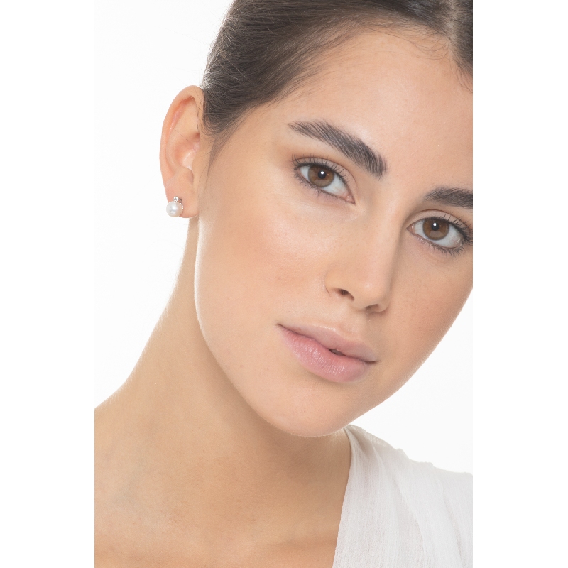 7,50 mm pearl stud earrings with diamonds in white gold 18k 